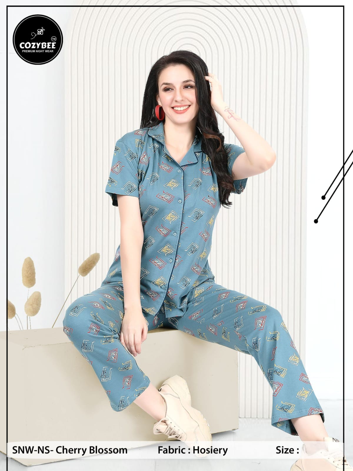 Cherry Blossom Cozybee Biowash Collar Night Suits Wholesaler Gujarat