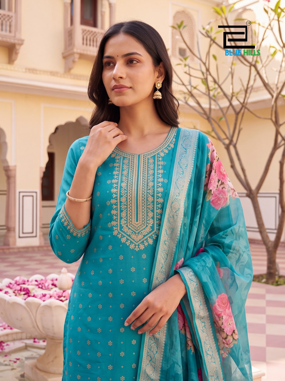 Cherry Plus Size Blue Hills Chanderi Readymade Pant Style Suits Exporter India