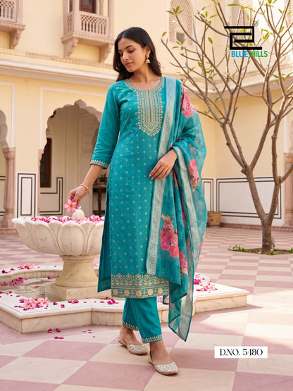 Cherry Plus Size Blue Hills Chanderi Readymade Pant Style Suits Exporter India