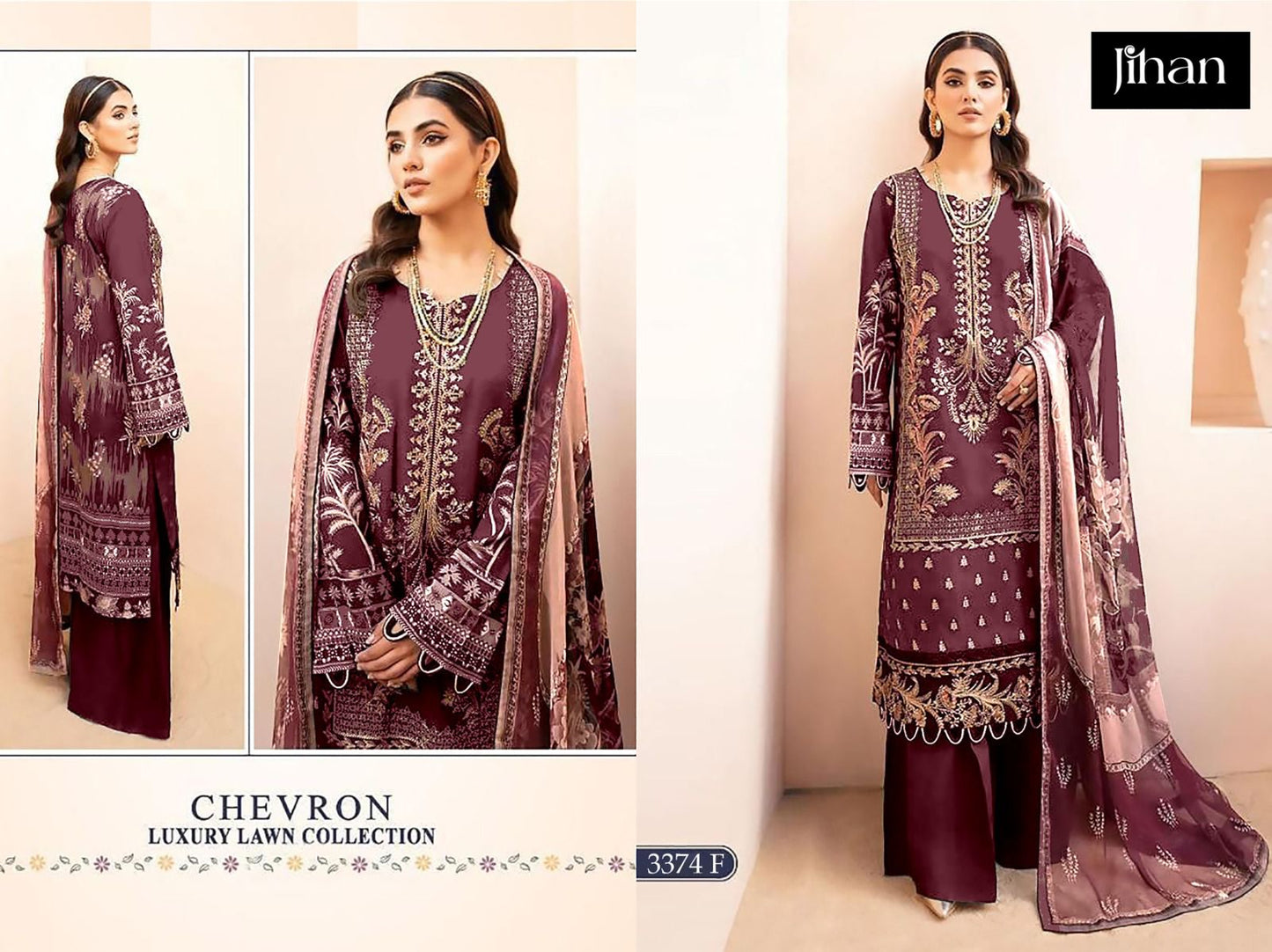 Chevron Luxury Lawn Collection 3374 Jihan Pure Lawn Pakistani Salwar Suits Supplier Ahmedabad