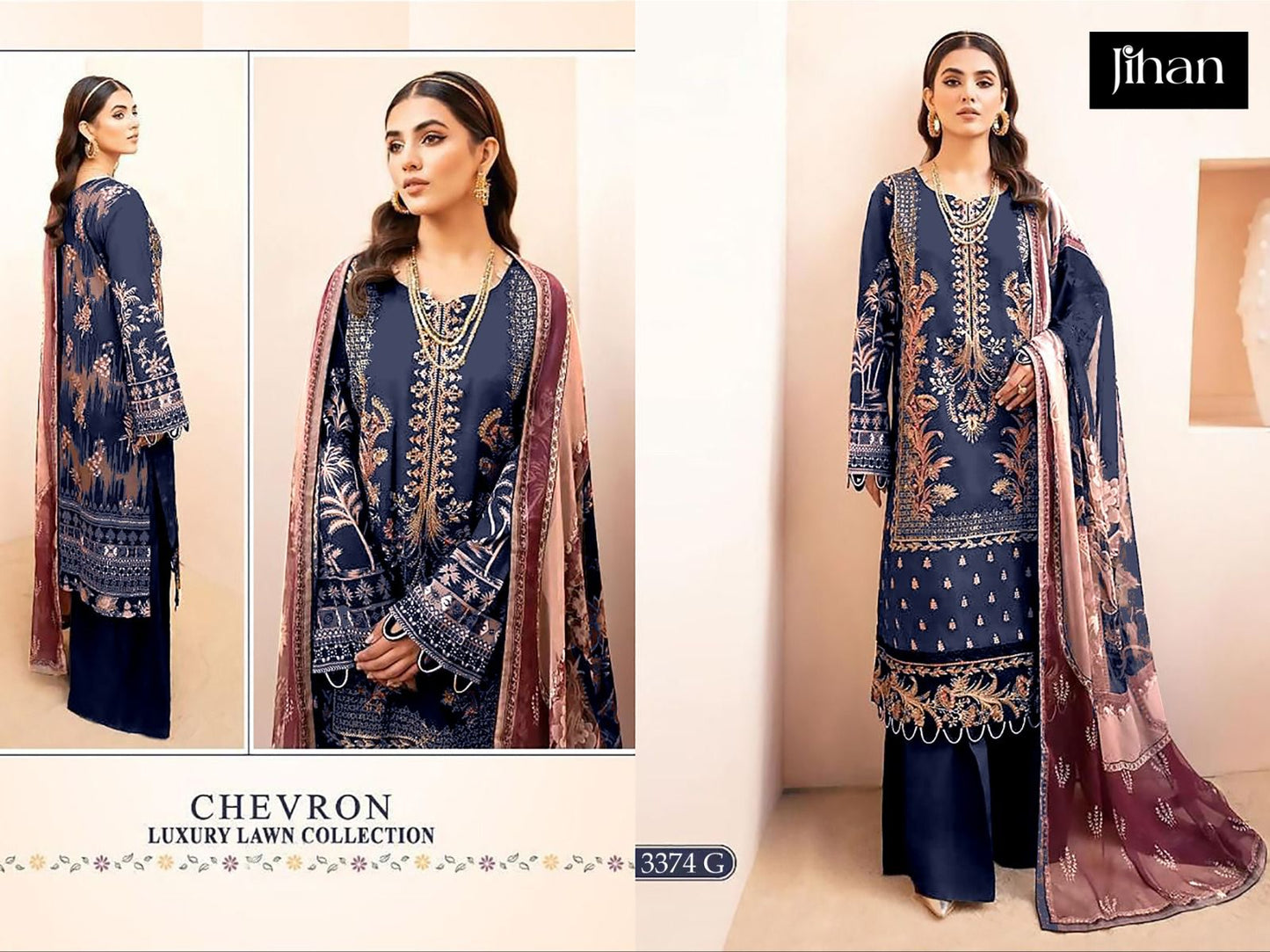 Chevron Luxury Lawn Collection 3374 Jihan Pure Lawn Pakistani Salwar Suits Supplier Ahmedabad