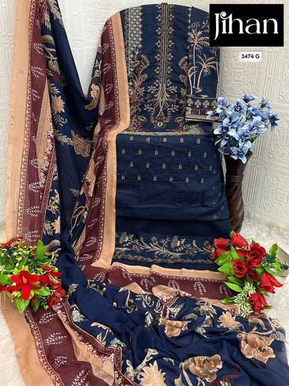 Chevron Luxury Lawn Collection 3374 Jihan Pure Lawn Pakistani Salwar Suits Supplier Ahmedabad