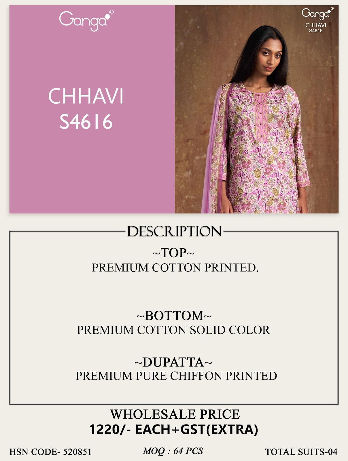 Chhavi 4616 Ganga Cotton Pant Style Suits Wholesaler India