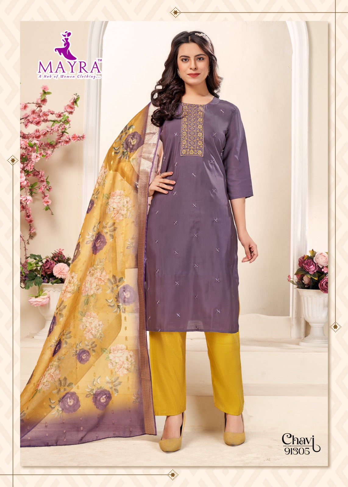 Chavi Mayra Roman Silk Readymade Pant Style Suits Wholesaler Ahmedabad