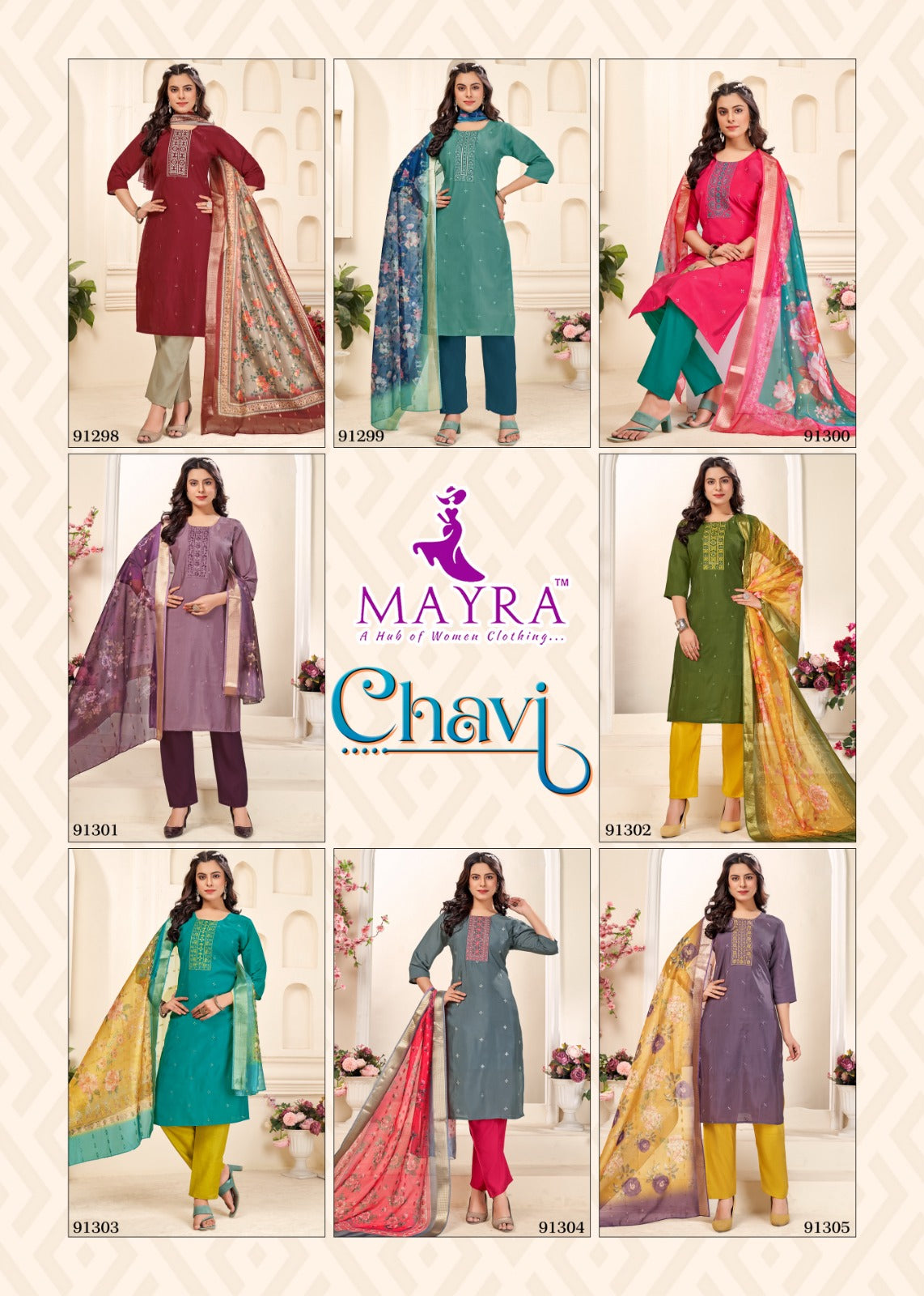 Chavi Mayra Roman Silk Readymade Pant Style Suits Wholesaler Ahmedabad