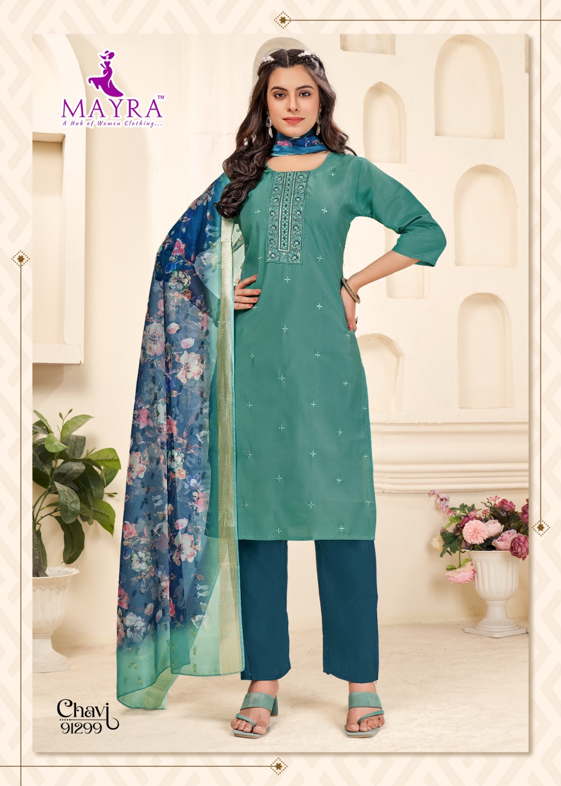 Chavi Mayra Roman Silk Readymade Pant Style Suits Wholesaler Ahmedabad