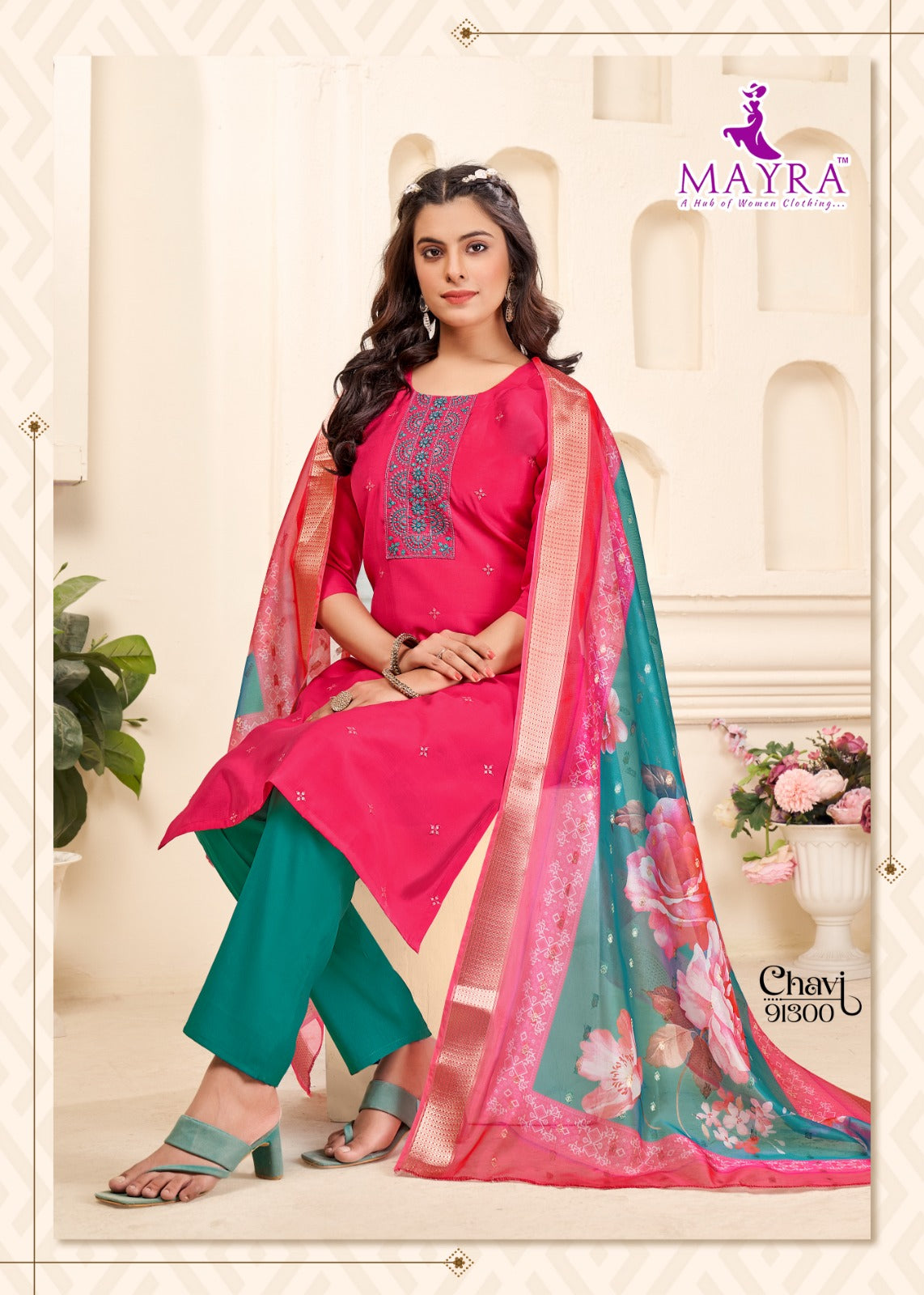 Chavi Mayra Roman Silk Readymade Pant Style Suits Wholesaler Ahmedabad