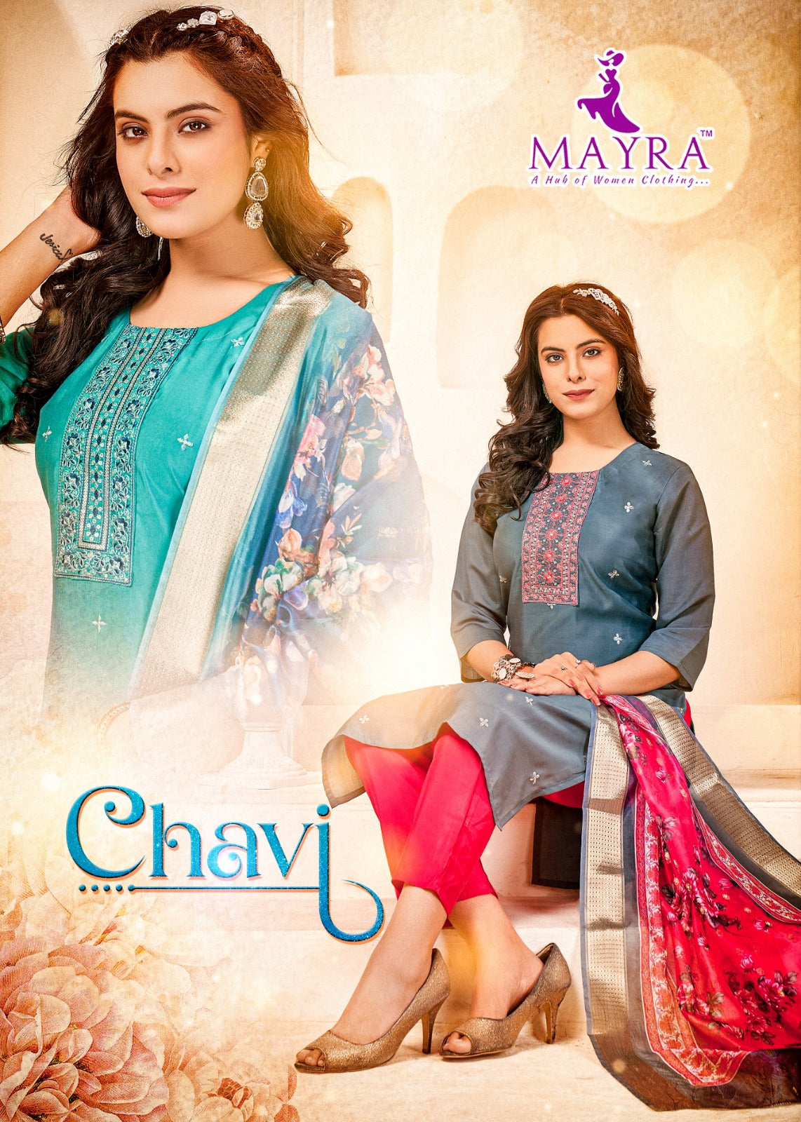 Chavi Mayra Roman Silk Readymade Pant Style Suits Wholesaler Ahmedabad