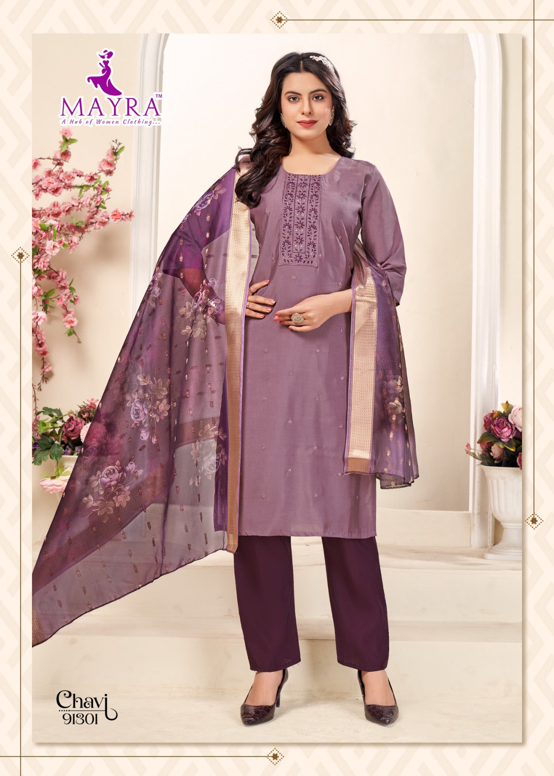 Chavi Mayra Roman Silk Readymade Pant Style Suits Wholesaler Ahmedabad