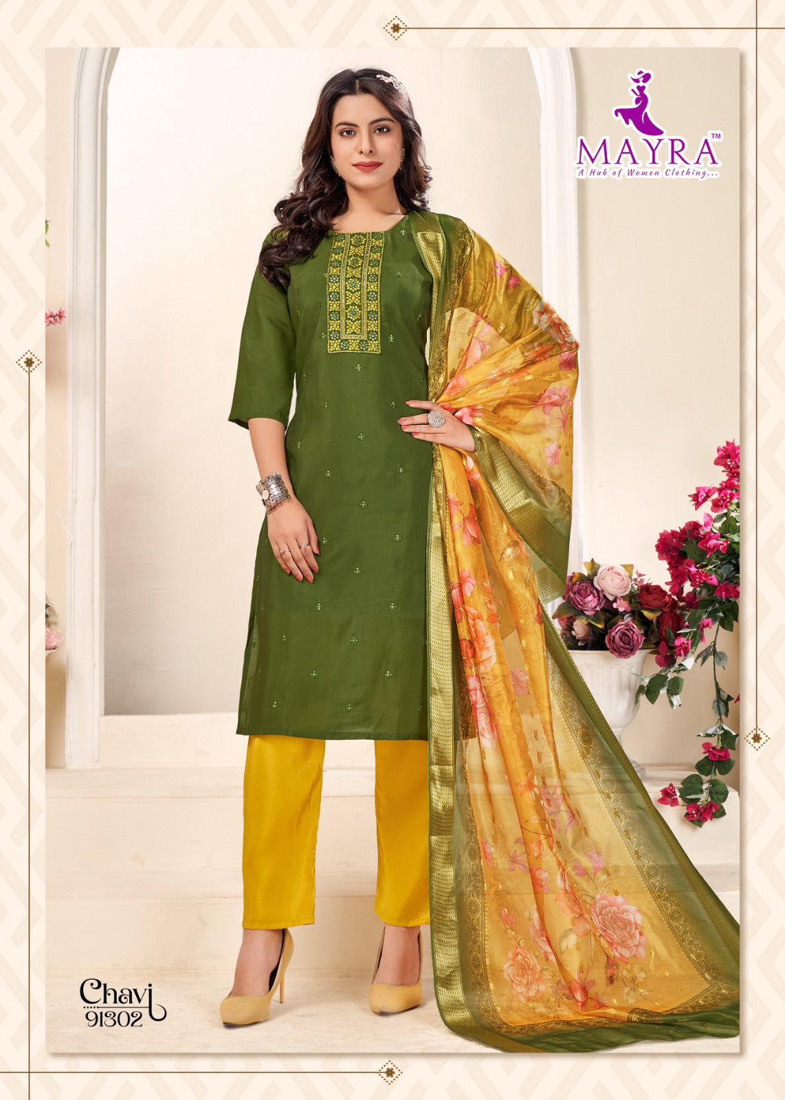 Chavi Mayra Roman Silk Readymade Pant Style Suits Wholesaler Ahmedabad