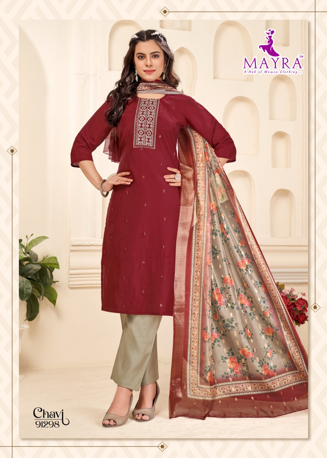 Chavi Mayra Roman Silk Readymade Pant Style Suits Wholesaler Ahmedabad