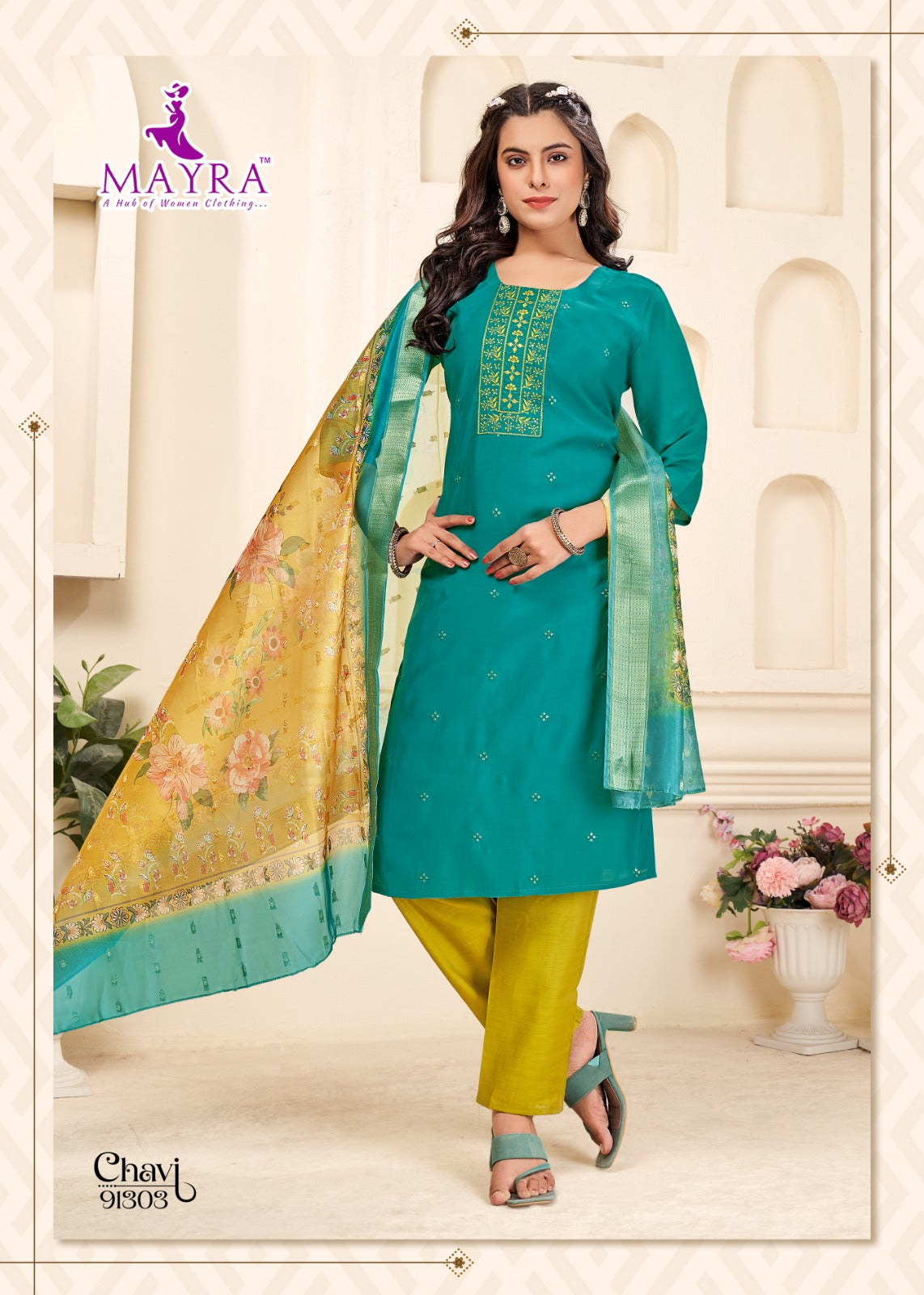 Chavi Mayra Roman Silk Readymade Pant Style Suits Wholesaler Ahmedabad