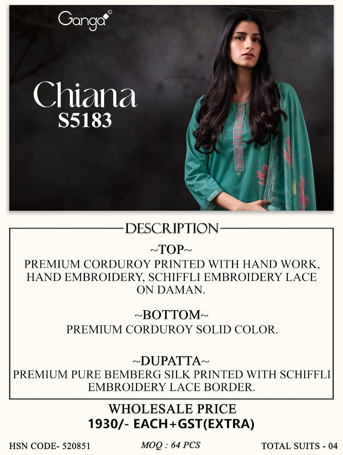 Chiana S5183 Ganga Corduroy Plazzo Style Suits Wholesale Rate