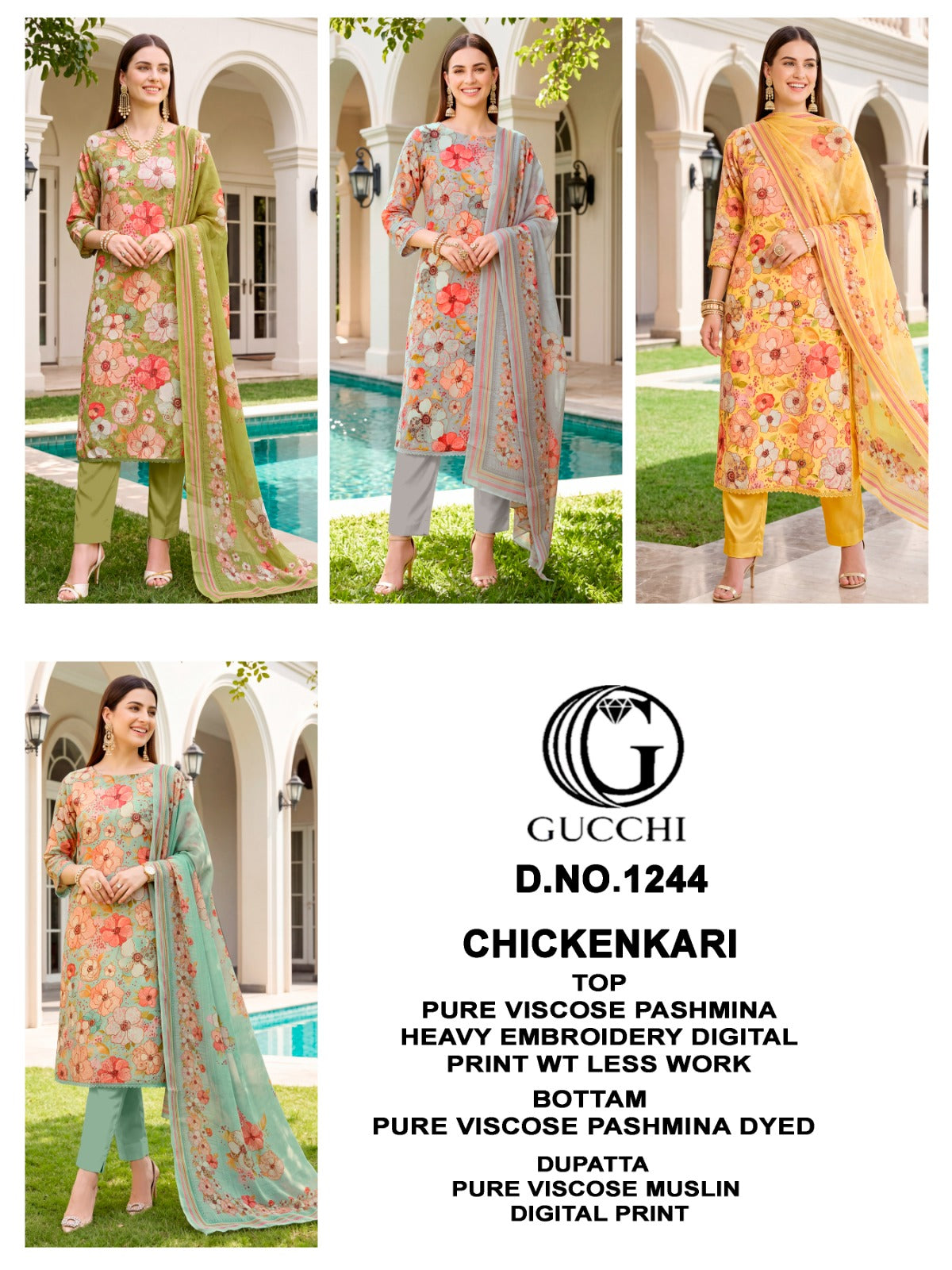Chickenkari 1243-1244-1245 Gucchi Viscose Pashmina Suits Exporter Gujarat