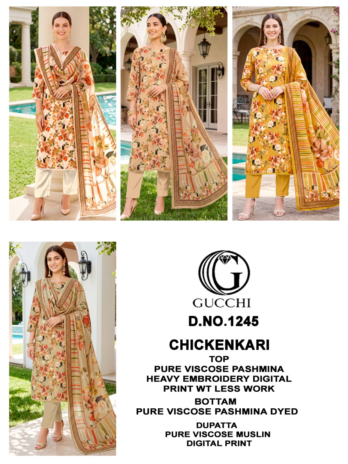 Chickenkari 1243-1244-1245 Gucchi Viscose Pashmina Suits Exporter Gujarat