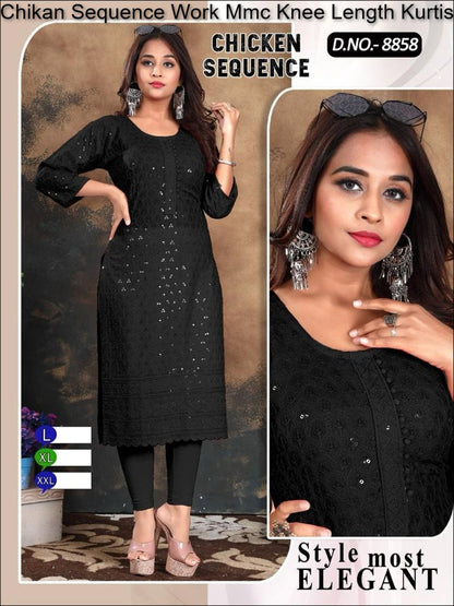 Chikan Sequence Work Mmc Knee Length Kurtis Wholesale Price