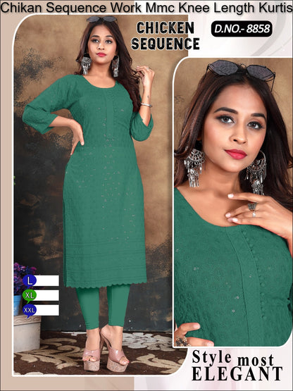 Chikan Sequence Work Mmc Knee Length Kurtis Wholesale Price