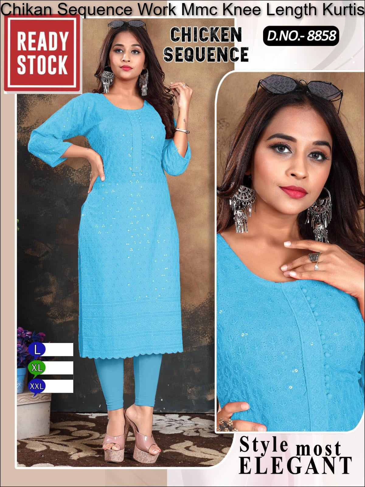 Chikan Sequence Work Mmc Knee Length Kurtis Wholesale Price