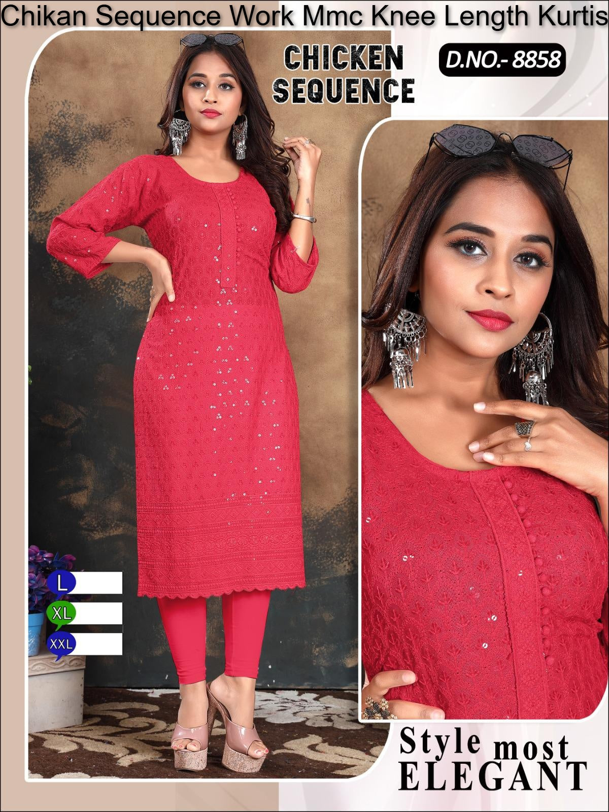 Chikan Sequence Work Mmc Knee Length Kurtis Wholesale Price