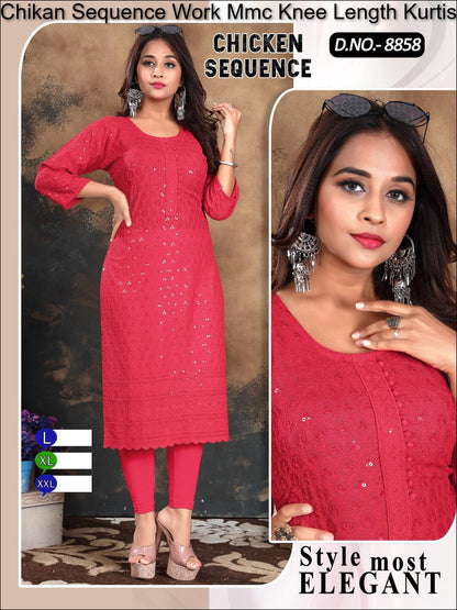 Chikan Sequence Work Mmc Knee Length Kurtis Wholesale Price