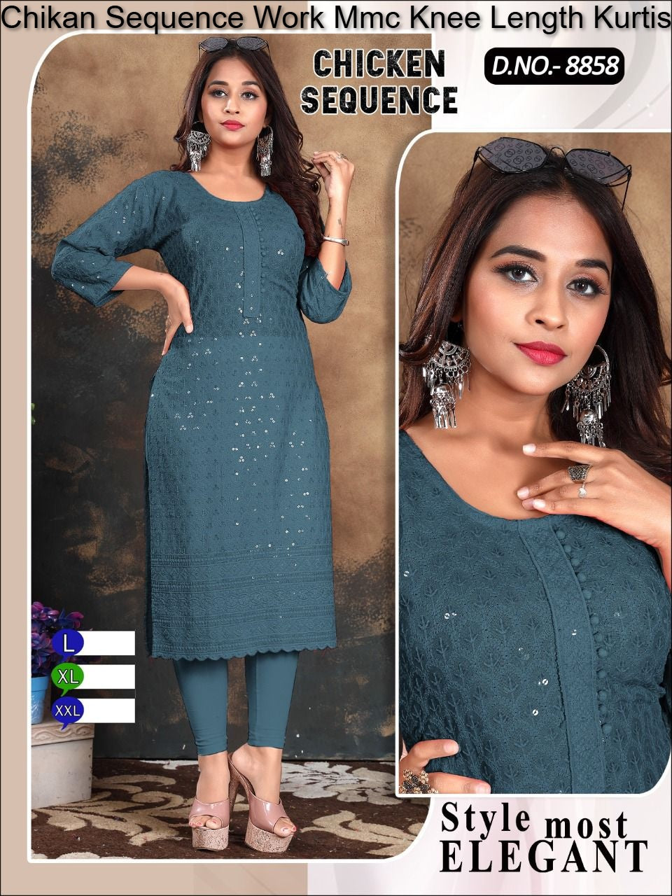 Chikan Sequence Work Mmc Knee Length Kurtis Wholesale Price