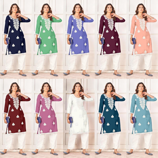 Chikan Work 0709 Salas Heavy Rayon Kurti Pant Set Exporter Gujarat