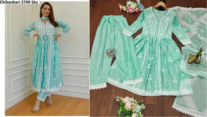 Chikankari2709 Pavitra Sharma Rayon Cotton Readymade Pant Style Suits Supplier Ahmedabad