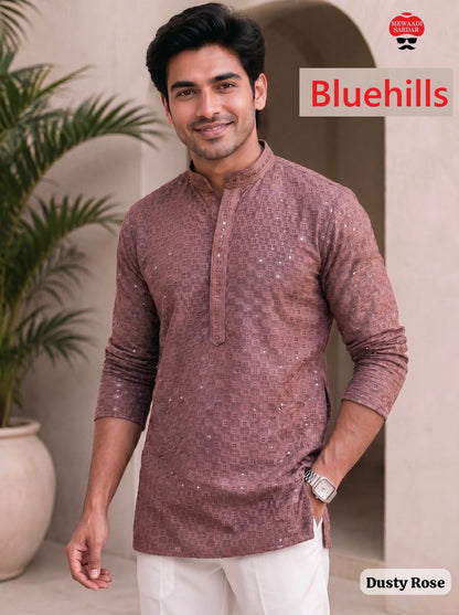 Chikankari 2.0 Short Bluehills Rayon Mens Kurta Supplier Gujarat