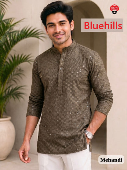 Chikankari 2.0 Short Bluehills Rayon Mens Kurta Supplier Gujarat