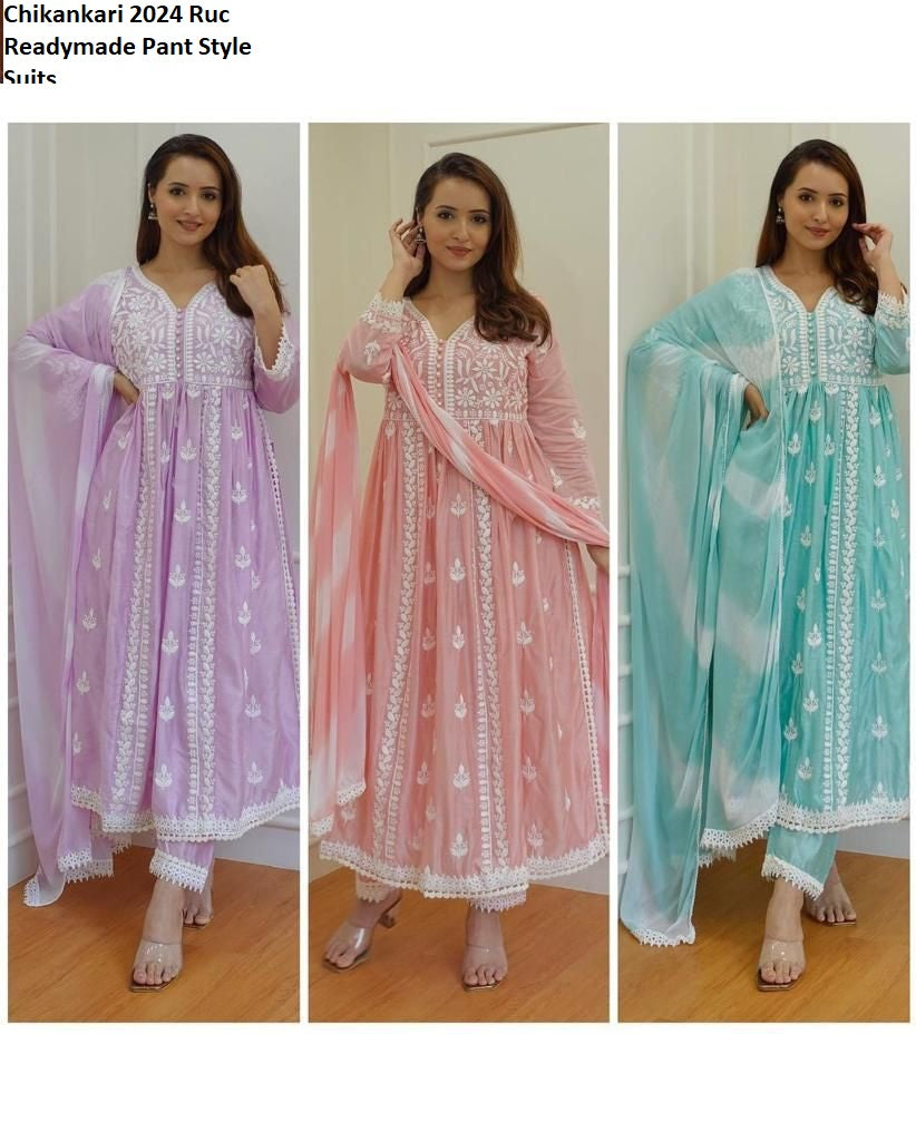 Chikankari 2024 Ruc Rayon Cotton Readymade Pant Style Suits Supplier Ahmedabad