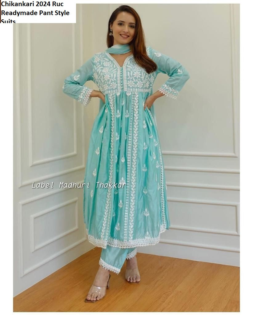 Chikankari 2024 Ruc Rayon Cotton Readymade Pant Style Suits Supplier Ahmedabad