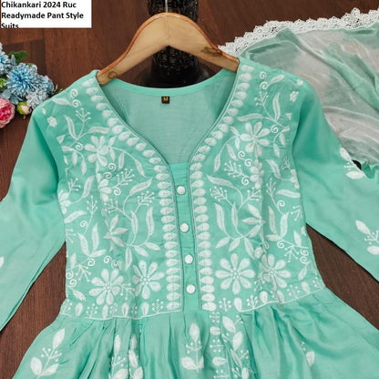 Chikankari 2024 Ruc Rayon Cotton Readymade Pant Style Suits Supplier Ahmedabad