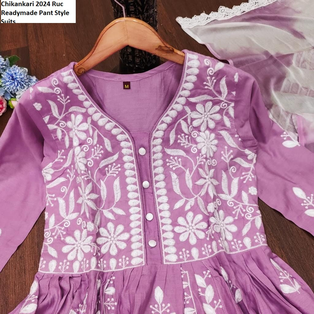 Chikankari 2024 Ruc Rayon Cotton Readymade Pant Style Suits Supplier Ahmedabad