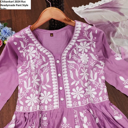 Chikankari 2024 Ruc Rayon Cotton Readymade Pant Style Suits Supplier Ahmedabad