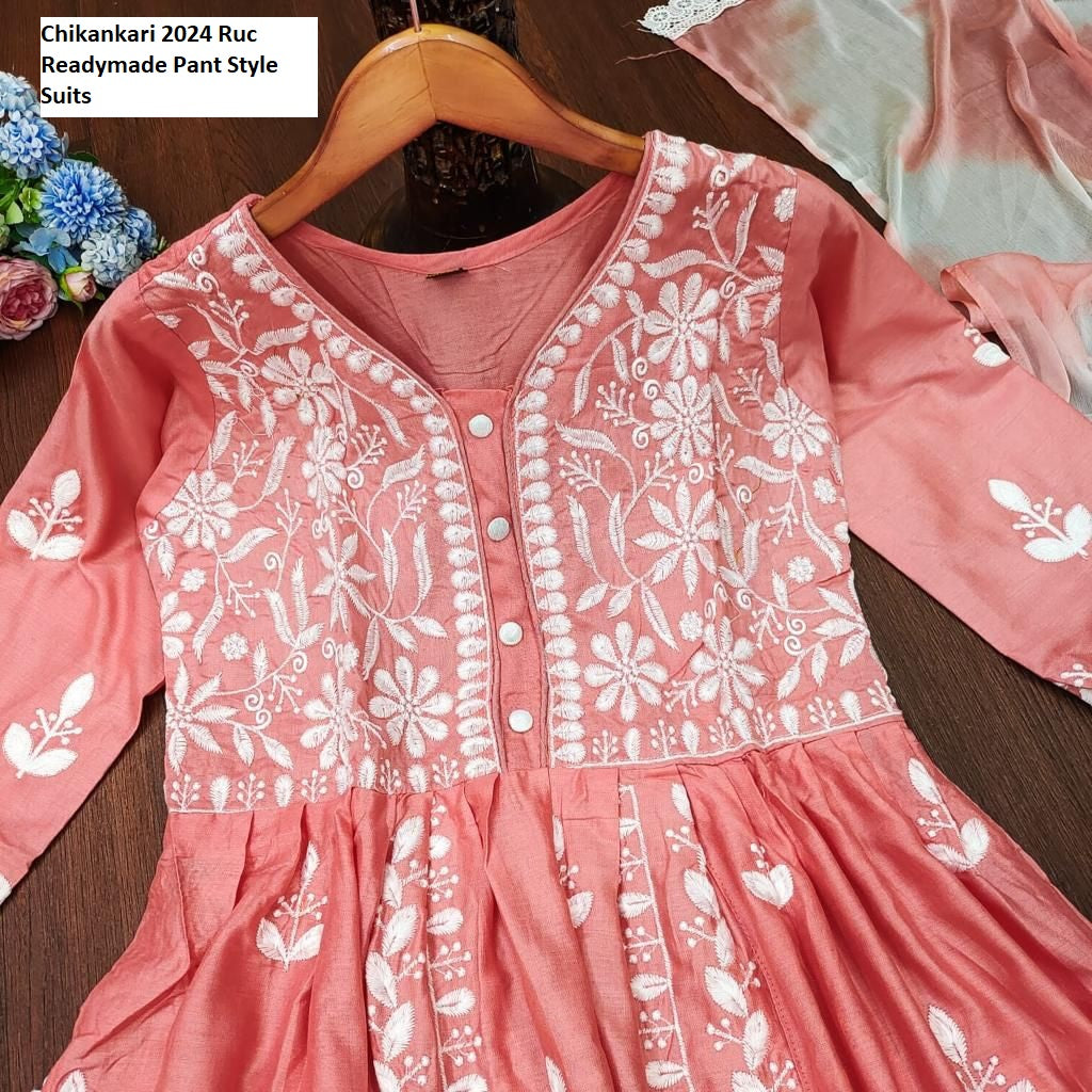 Chikankari 2024 Ruc Rayon Cotton Readymade Pant Style Suits Supplier Ahmedabad