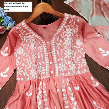 Chikankari 2024 Ruc Rayon Cotton Readymade Pant Style Suits Supplier Ahmedabad