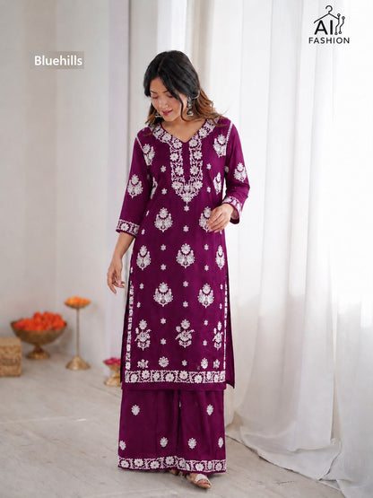 Chikankari Bluehills Rayon Kurti Plazzo Set Wholesale Price