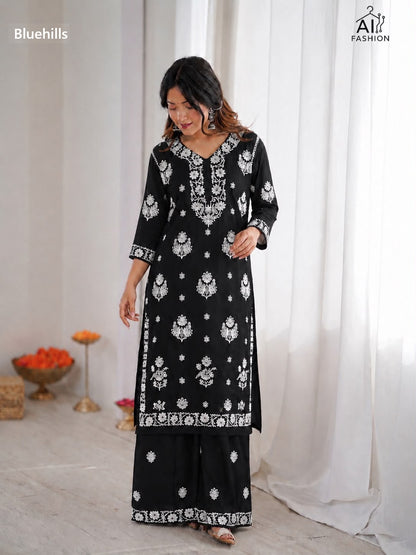 Chikankari Bluehills Rayon Kurti Plazzo Set Wholesale Price