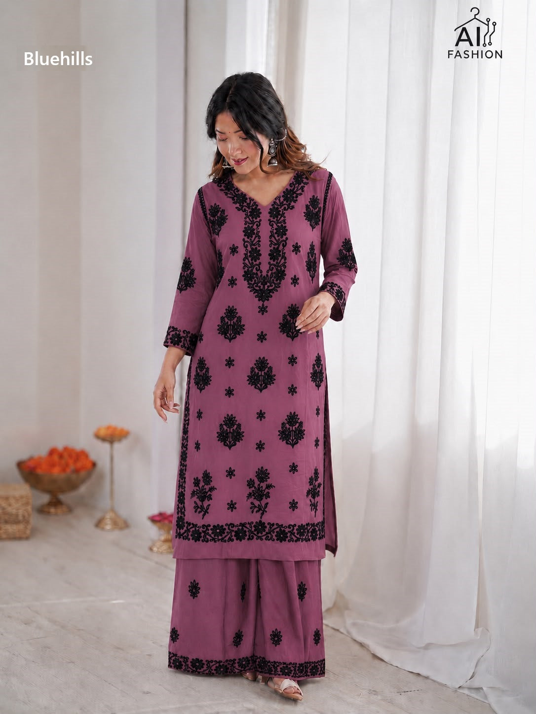 Chikankari Bluehills Rayon Kurti Plazzo Set Wholesale Price