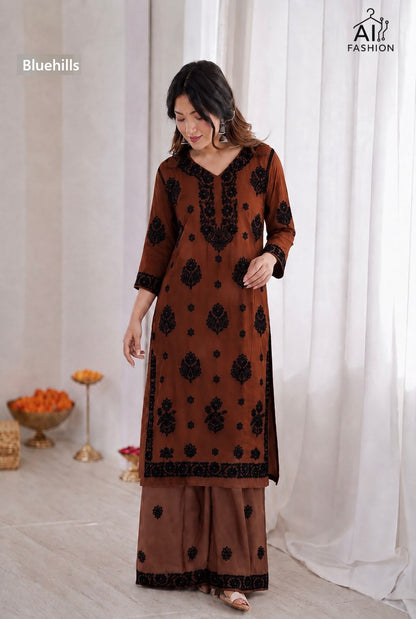 Chikankari Bluehills Rayon Kurti Plazzo Set Wholesale Price