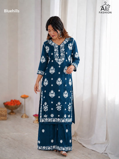 Chikankari Bluehills Rayon Kurti Plazzo Set Wholesale Price