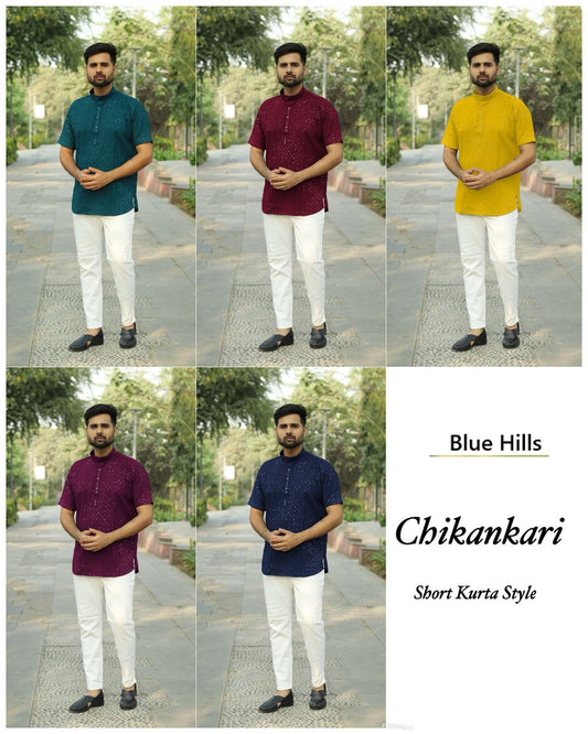 Chikankari Short Blue Hills Rayon Mens Kurta Wholesale Rate