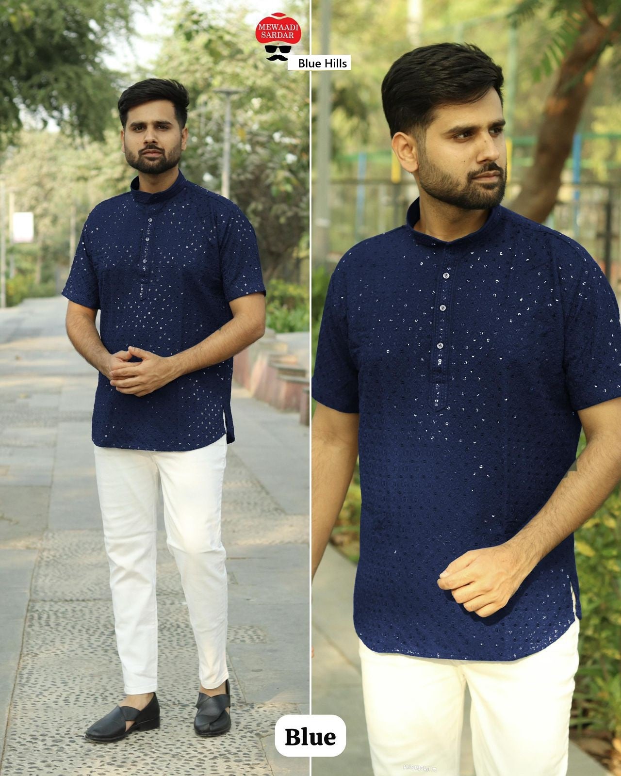 Chikankari Short Blue Hills Rayon Mens Kurta Wholesale Rate