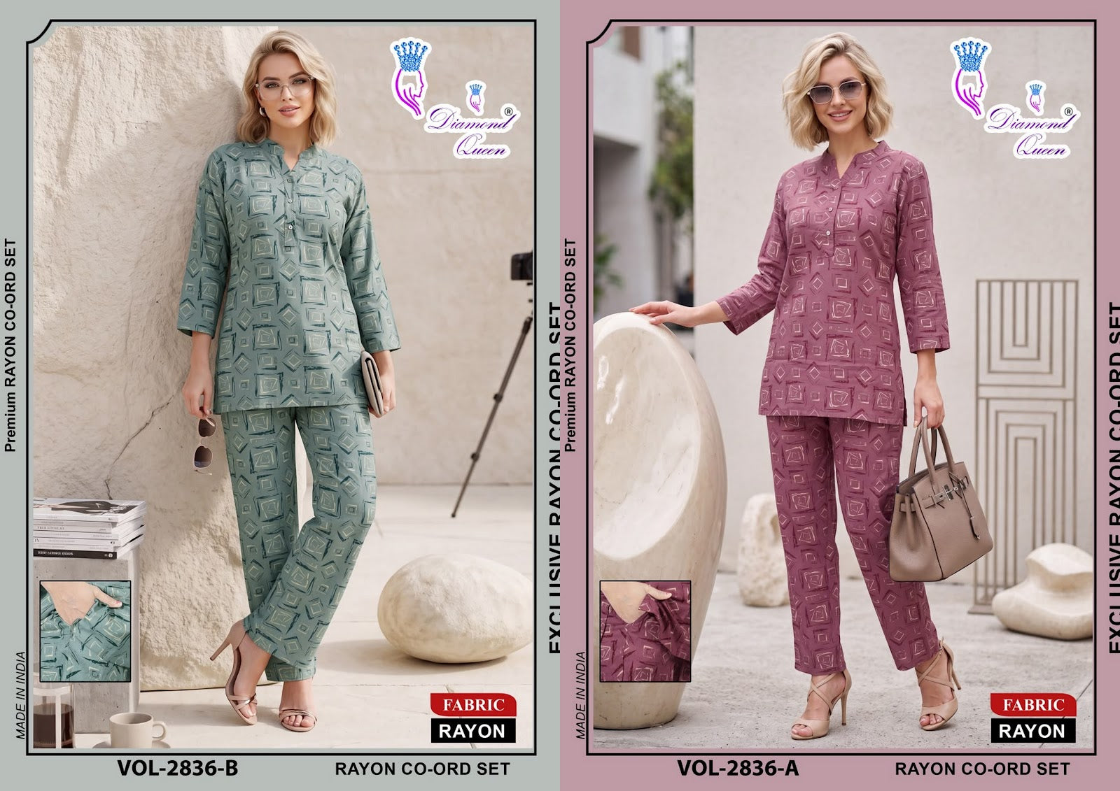 Chinese Collar 2827-2836 Diamond Queen Rayon Co Ord Set Supplier Ahmedabad