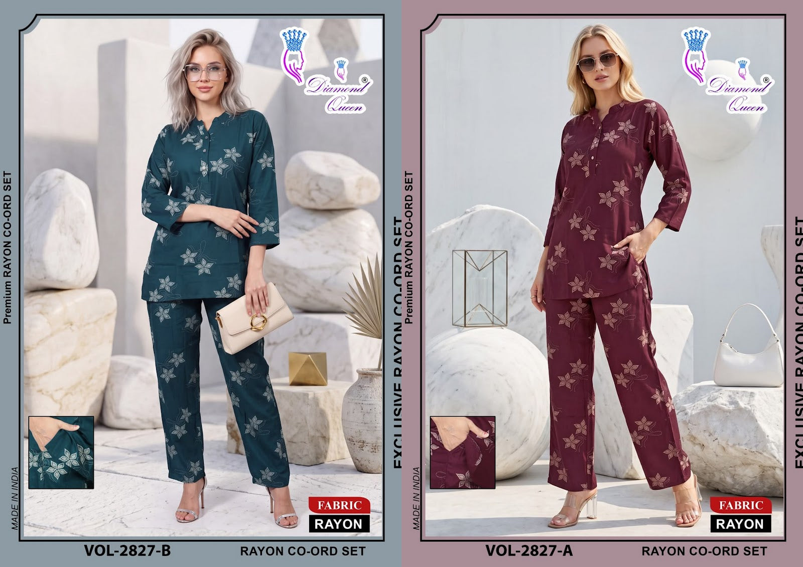 Chinese Collar 2827-2836 Diamond Queen Rayon Co Ord Set Supplier Ahmedabad