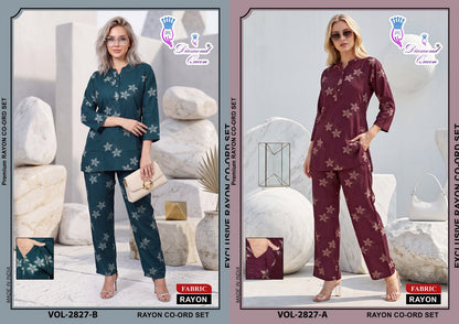 Chinese Collar 2827-2836 Diamond Queen Rayon Co Ord Set Supplier Ahmedabad