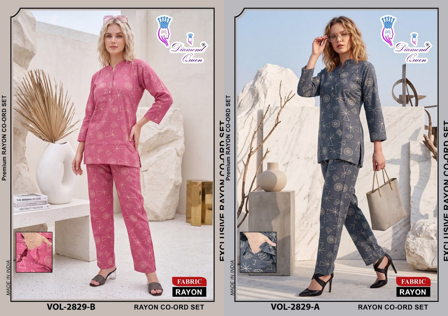Chinese Collar 2827-2836 Diamond Queen Rayon Co Ord Set Supplier Ahmedabad