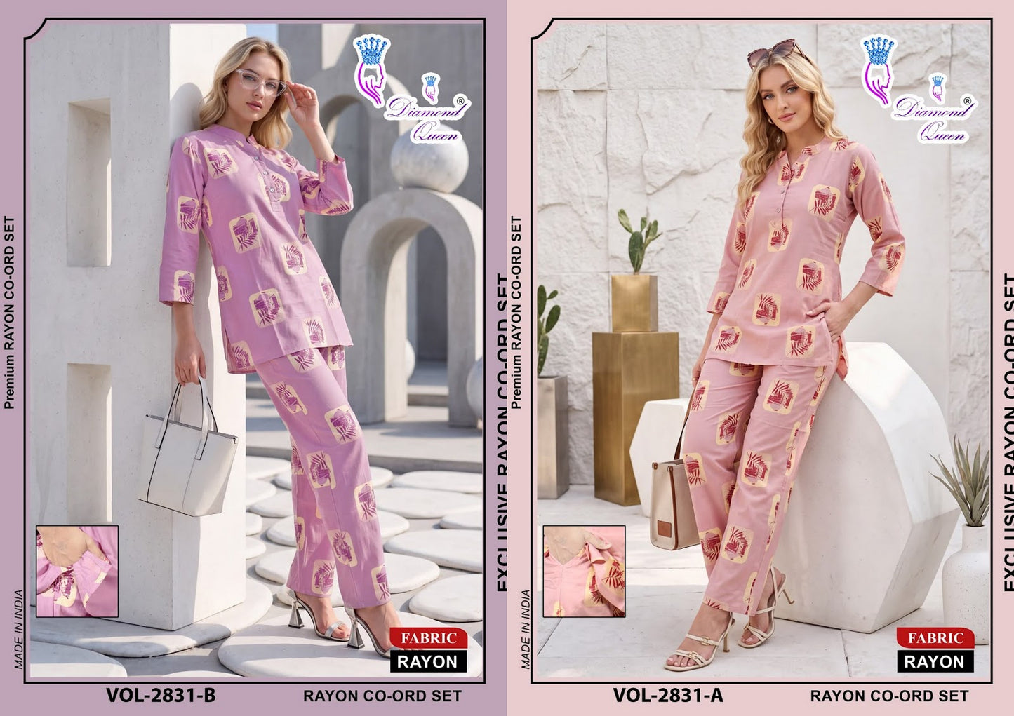 Chinese Collar 2827-2836 Diamond Queen Rayon Co Ord Set Supplier Ahmedabad