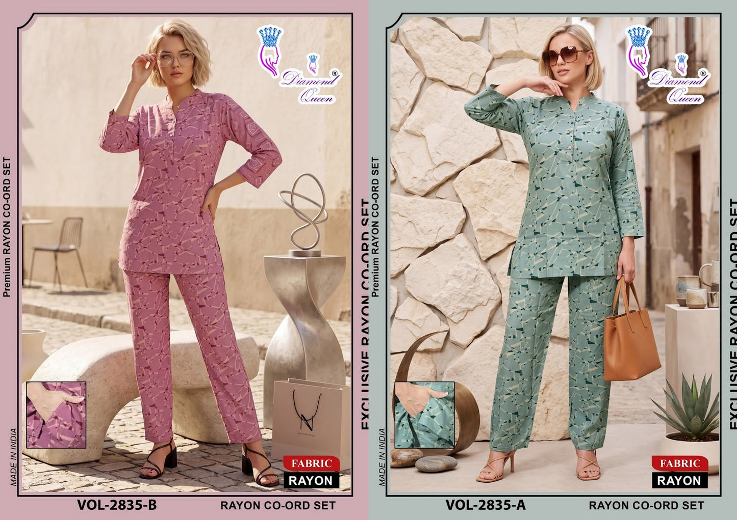 Chinese Collar 2827-2836 Diamond Queen Rayon Co Ord Set Supplier Ahmedabad