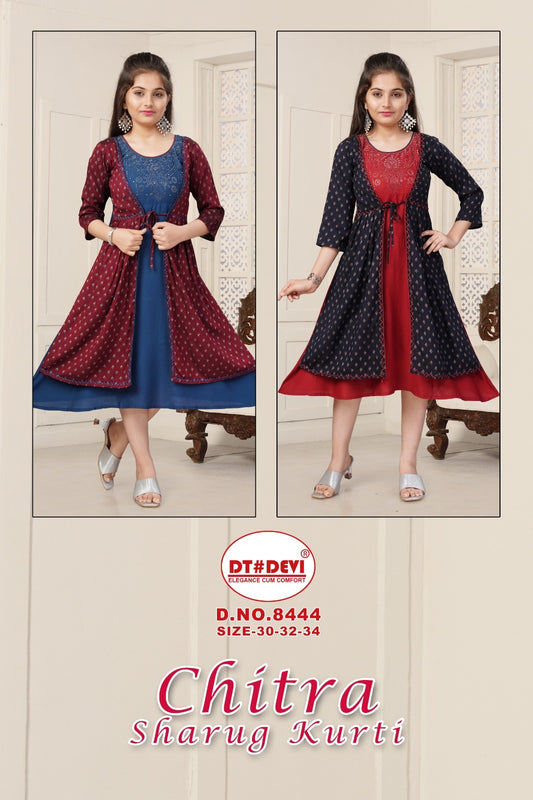 Chitra 8444 Dt Devi Rayon Girls Kurti Jacket Set Exporter India